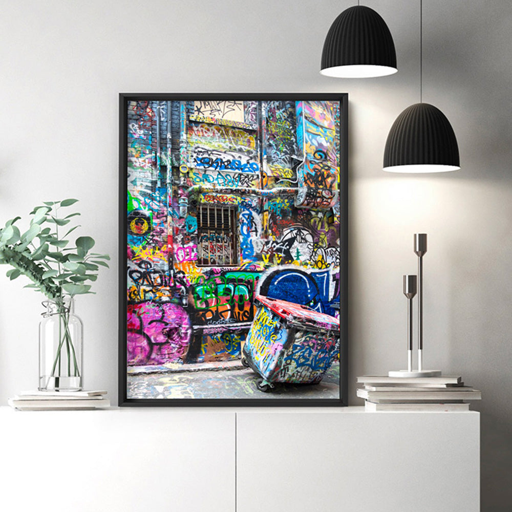 Melbourne Street Art / Hosier Lane Bin - Art Print, Poster, Stretched Canvas or Framed Wall Art Prints, shown framed in a room