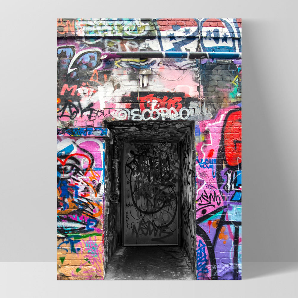 Melbourne Street Art / Hosier Lane Door I - Art Print, Poster, Stretched Canvas, or Framed Wall Art Print, shown as a stretched canvas or poster without a frame