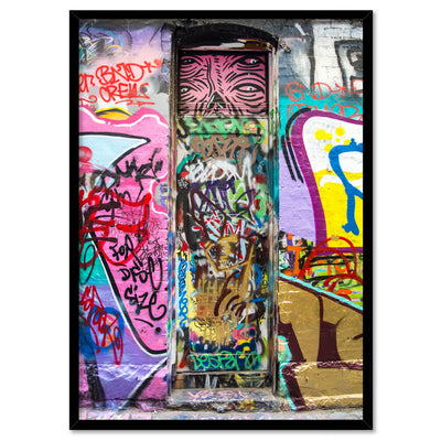 Melbourne Street Art / Hosier Lane Door II - Art Print, Poster, Stretched Canvas, or Framed Wall Art Print, shown in a black frame