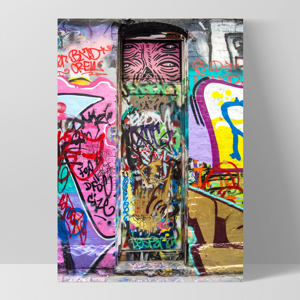 Melbourne Street Art / Hosier Lane Door II - Art Print, Poster, Stretched Canvas, or Framed Wall Art Print, shown as a stretched canvas or poster without a frame