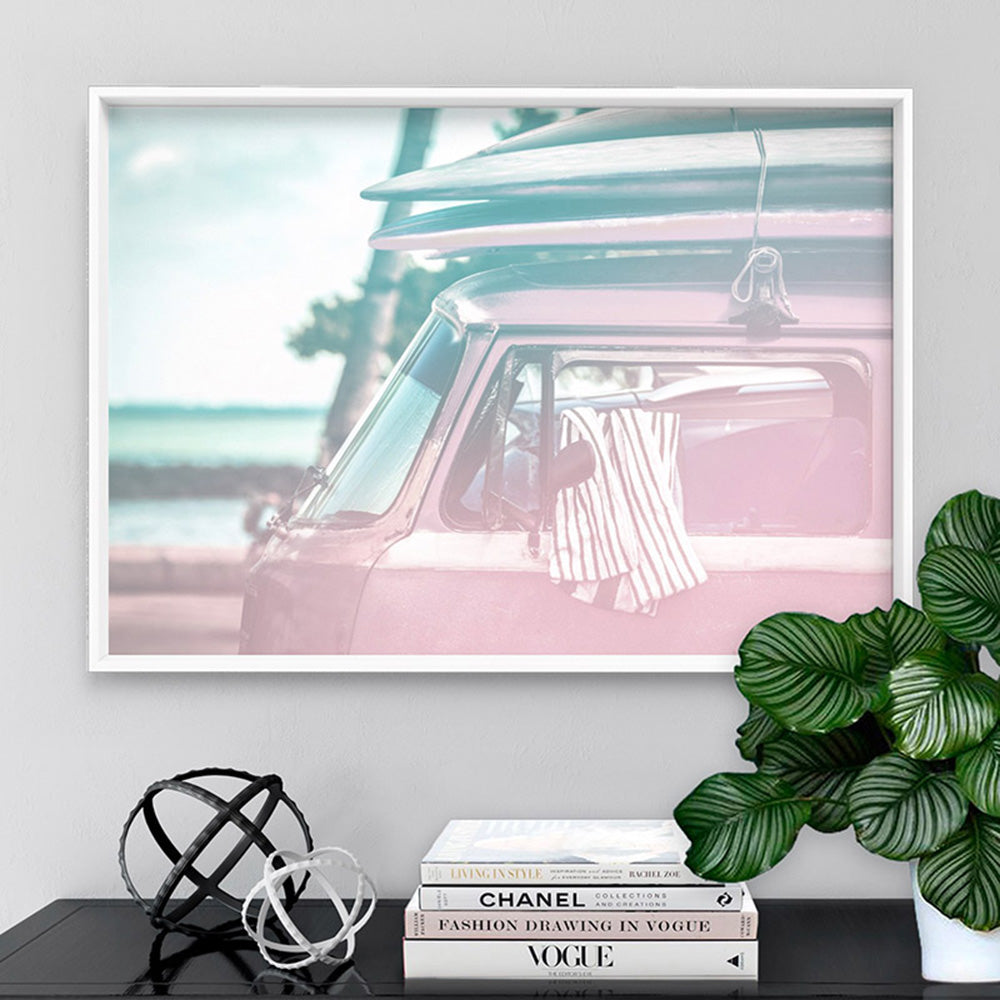 California Pastels / Kombi - Art Print, Poster, Stretched Canvas or Framed Wall Art, shown framed in a home interior space