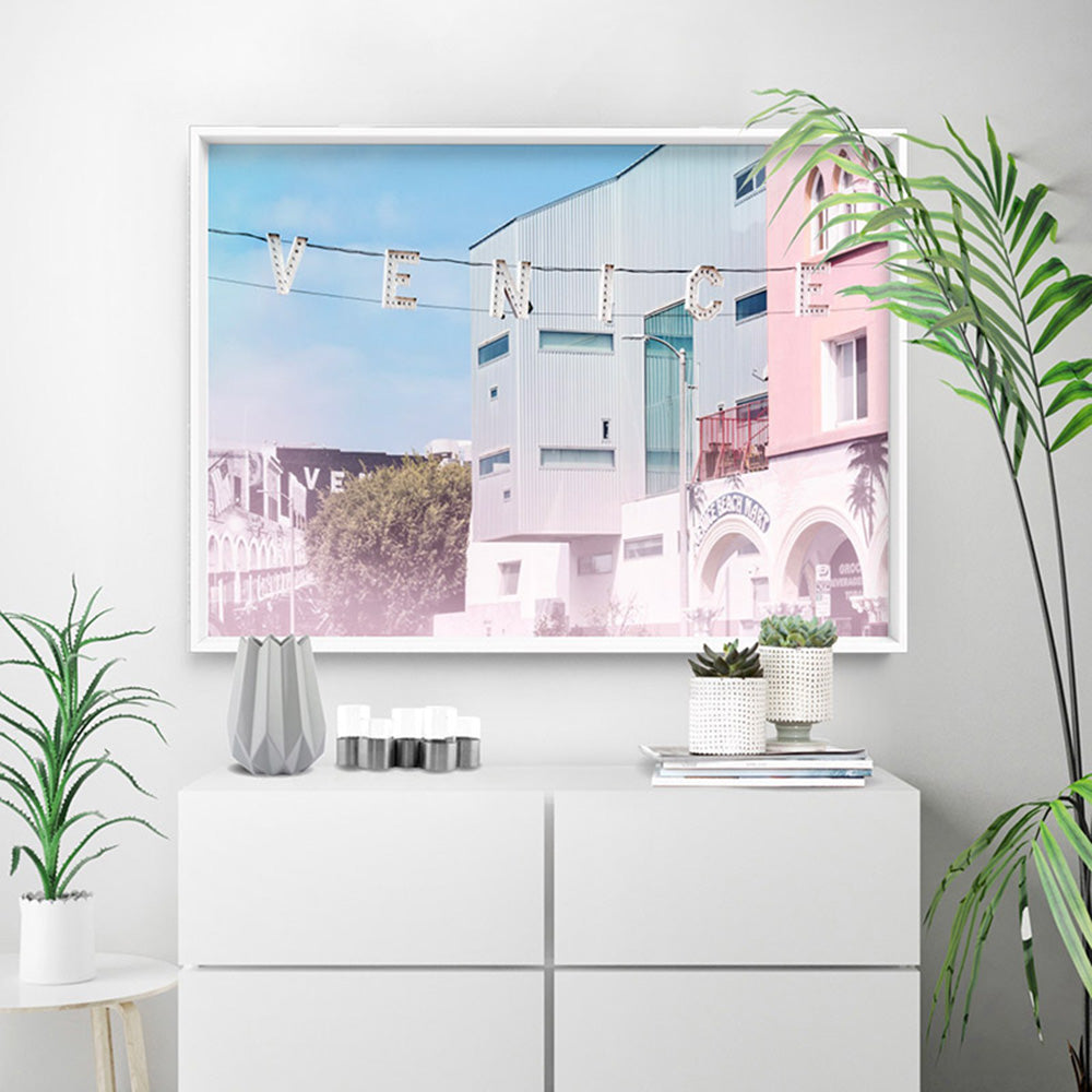 California Pastels / Venice Beach Sign - Art Print, Poster, Stretched Canvas or Framed Wall Art Prints, shown framed in a room