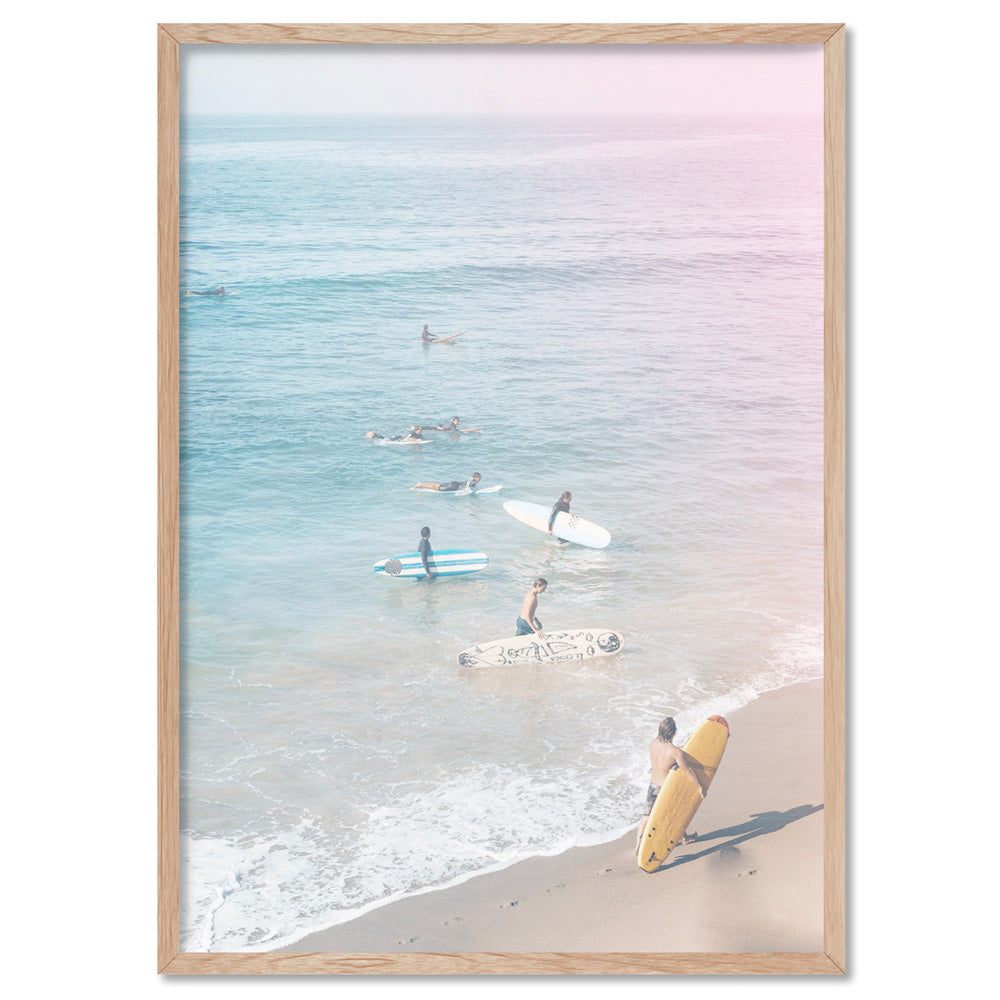 California Pastels / Into the Surf - Art Print, Poster, Stretched Canvas, or Framed Wall Art Print, shown in a natural timber frame