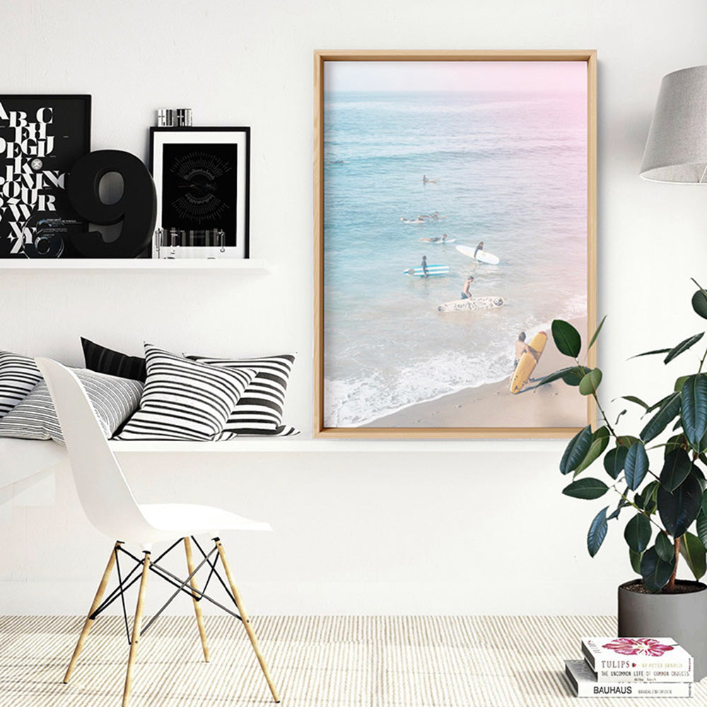 California Pastels / Into the Surf - Art Print, Poster, Stretched Canvas or Framed Wall Art Prints, shown framed in a room