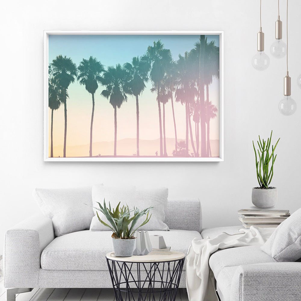 California Pastels / Palm Horizon - Art Print, Poster, Stretched Canvas or Framed Wall Art Prints, shown framed in a room