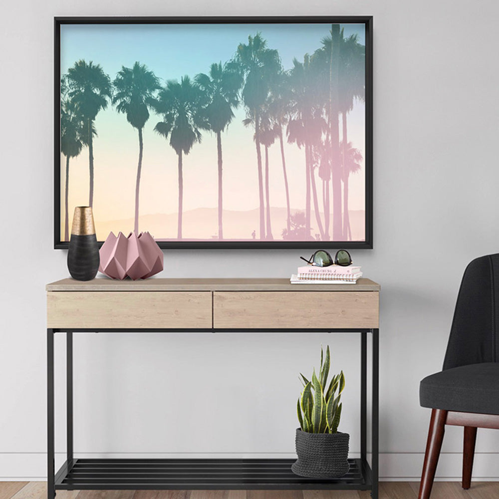 California Pastels / Palm Horizon - Art Print, Poster, Stretched Canvas or Framed Wall Art, shown framed in a home interior space
