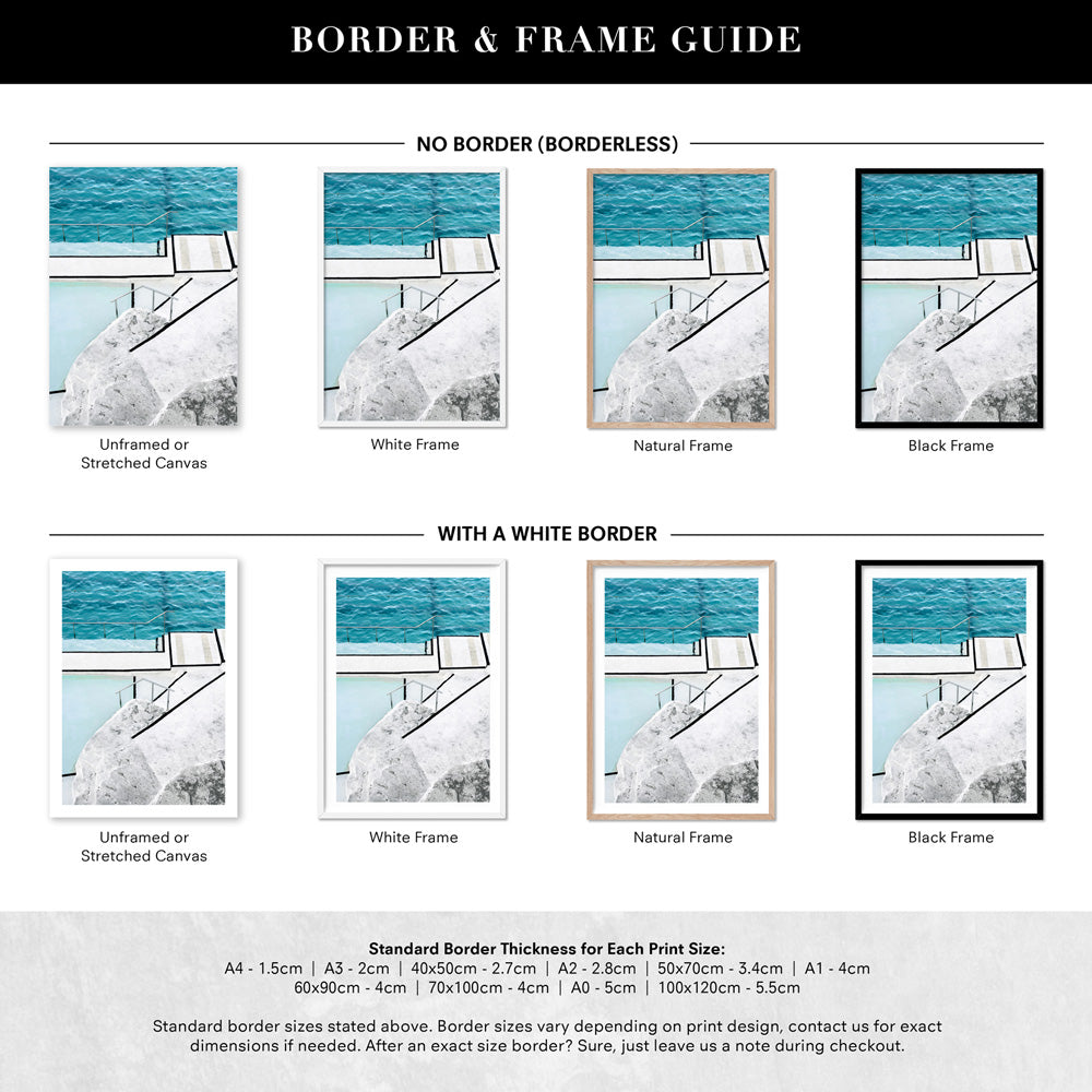 Bondi Icebergs Pool VI - Art Print, Poster, Stretched Canvas or Framed Wall Art, Showing White , Black, Natural Frame Colours, No Frame (Unframed) or Stretched Canvas, and With or Without White Borders