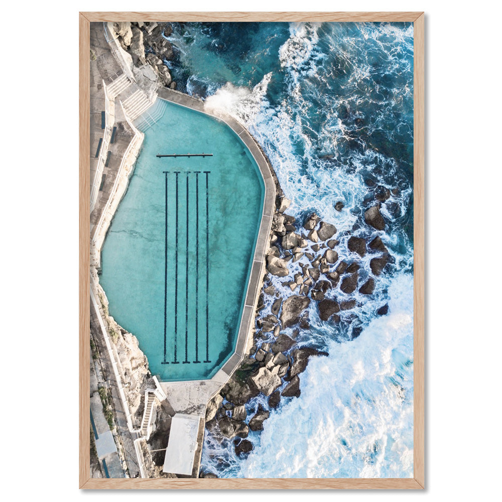 Bronte Rock Pool Aerial I - Art Print, Poster, Stretched Canvas, or Framed Wall Art Print, shown in a natural timber frame