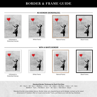 Girl With Red Balloon - Art Print, Poster, Stretched Canvas or Framed Wall Art, Showing White , Black, Natural Frame Colours, No Frame (Unframed) or Stretched Canvas, and With or Without White Borders