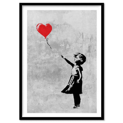 Girl With Red Balloon - Art Print, Poster, Stretched Canvas, or Framed Wall Art Print, shown in a black frame