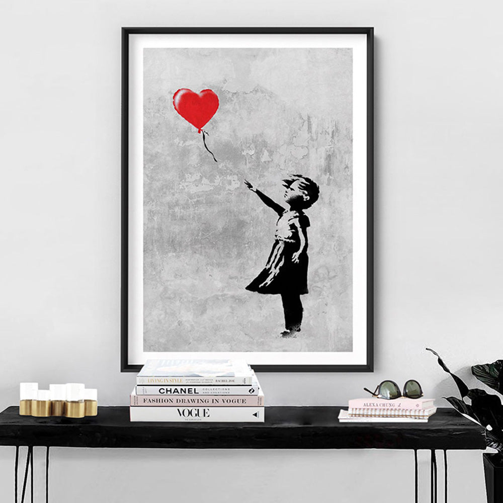 Girl With Red Balloon - Art Print, Poster, Stretched Canvas or Framed Wall Art Prints, shown framed in a room