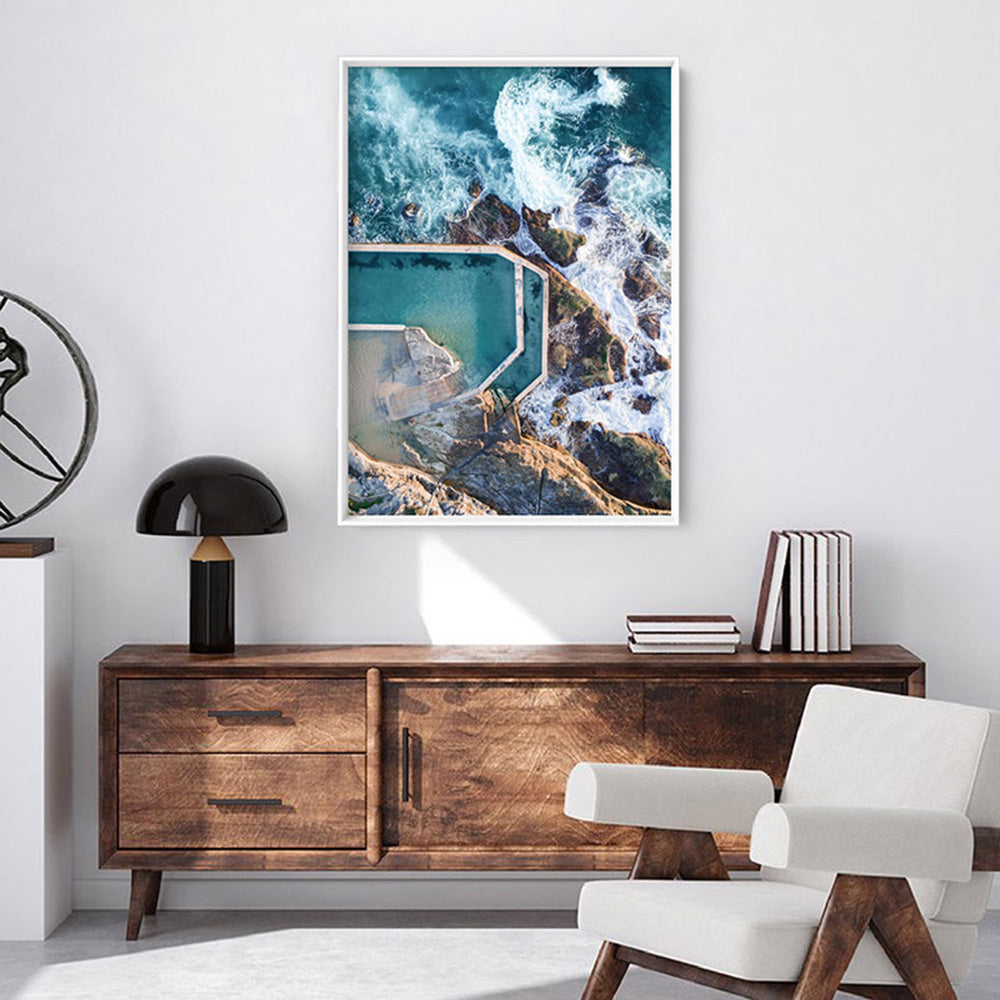 South Curl Curl Rock Pool - Art Print, Poster, Stretched Canvas or Framed Wall Art Prints, shown framed in a room