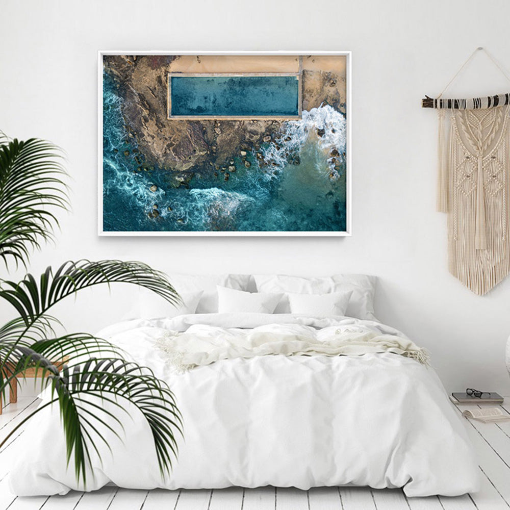 Newport Rock Pool - Art Print, Poster, Stretched Canvas or Framed Wall Art, shown framed in a home interior space