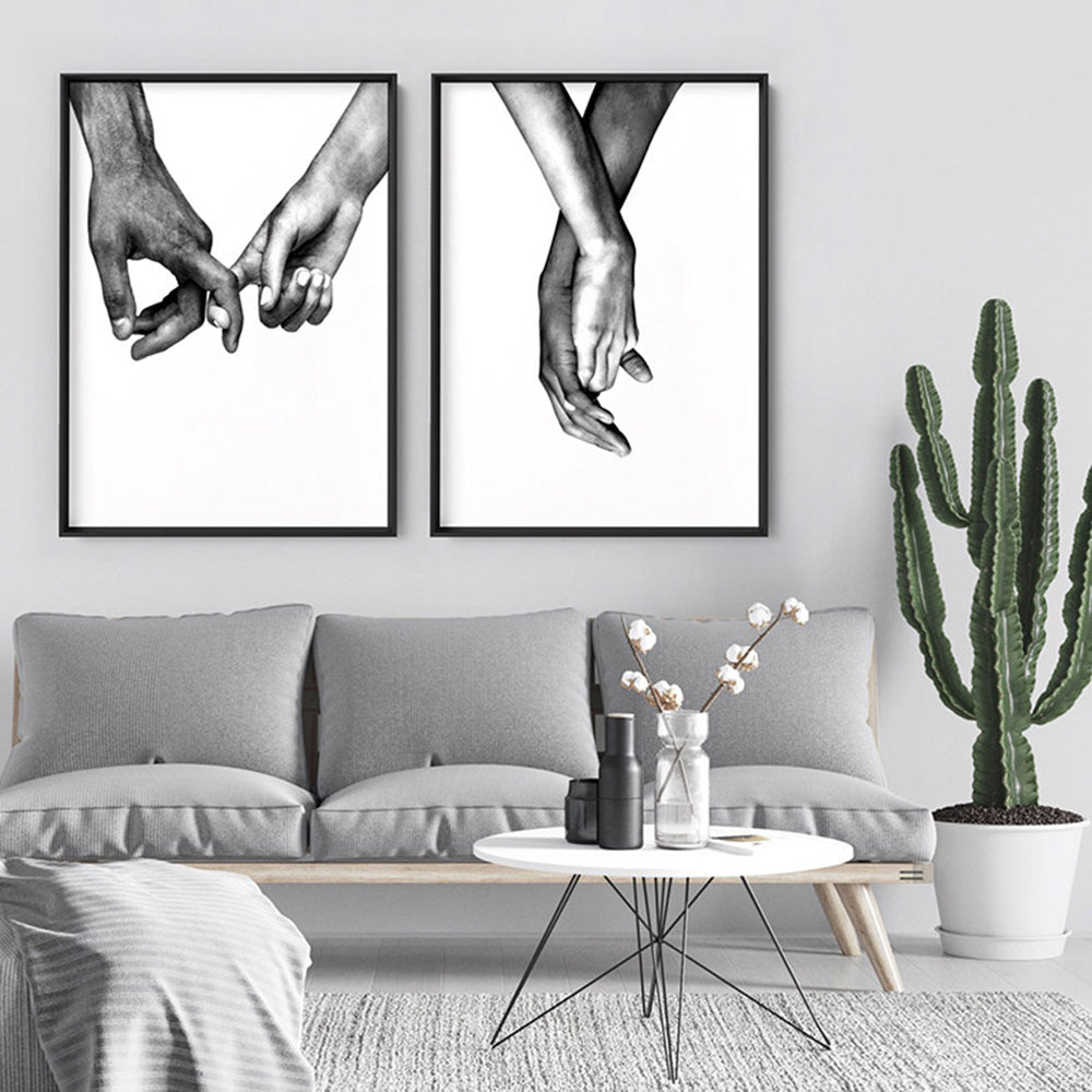 Couple Holding Hands I - Art Print, Poster, Stretched Canvas or Framed Wall Art, shown framed in a home interior space