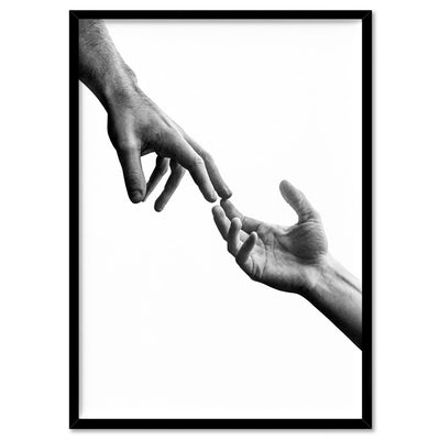 Hands Reaching Out - Art Print, Poster, Stretched Canvas, or Framed Wall Art Print, shown in a black frame