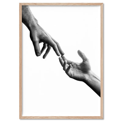 Hands Reaching Out - Art Print, Poster, Stretched Canvas, or Framed Wall Art Print, shown in a natural timber frame