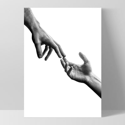 Hands Reaching Out - Art Print, Poster, Stretched Canvas, or Framed Wall Art Print, shown as a stretched canvas or poster without a frame