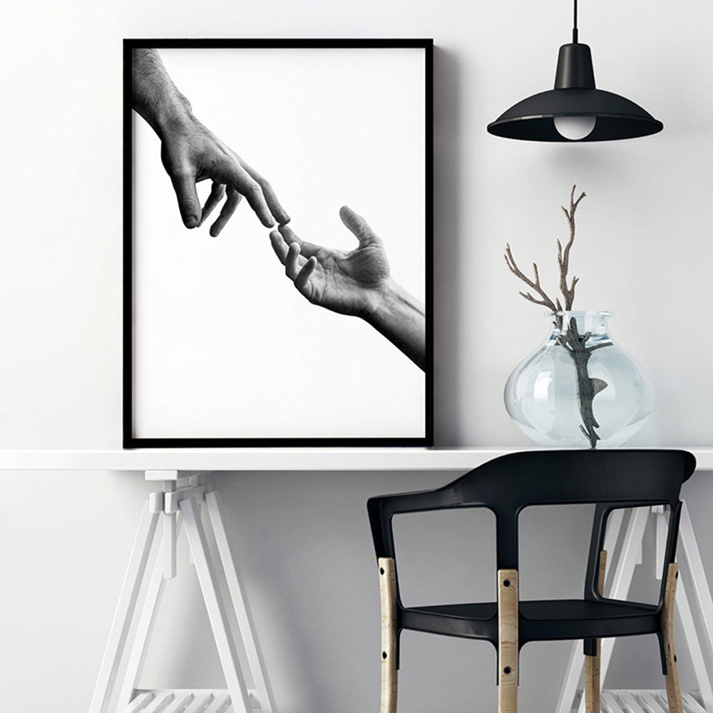 Hands Reaching Out - Art Print, Poster, Stretched Canvas or Framed Wall Art Prints, shown framed in a room