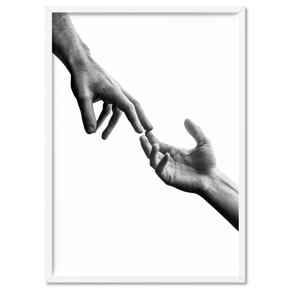 Hands Reaching Out - Art Print, Poster, Stretched Canvas, or Framed Wall Art Print, shown in a white frame
