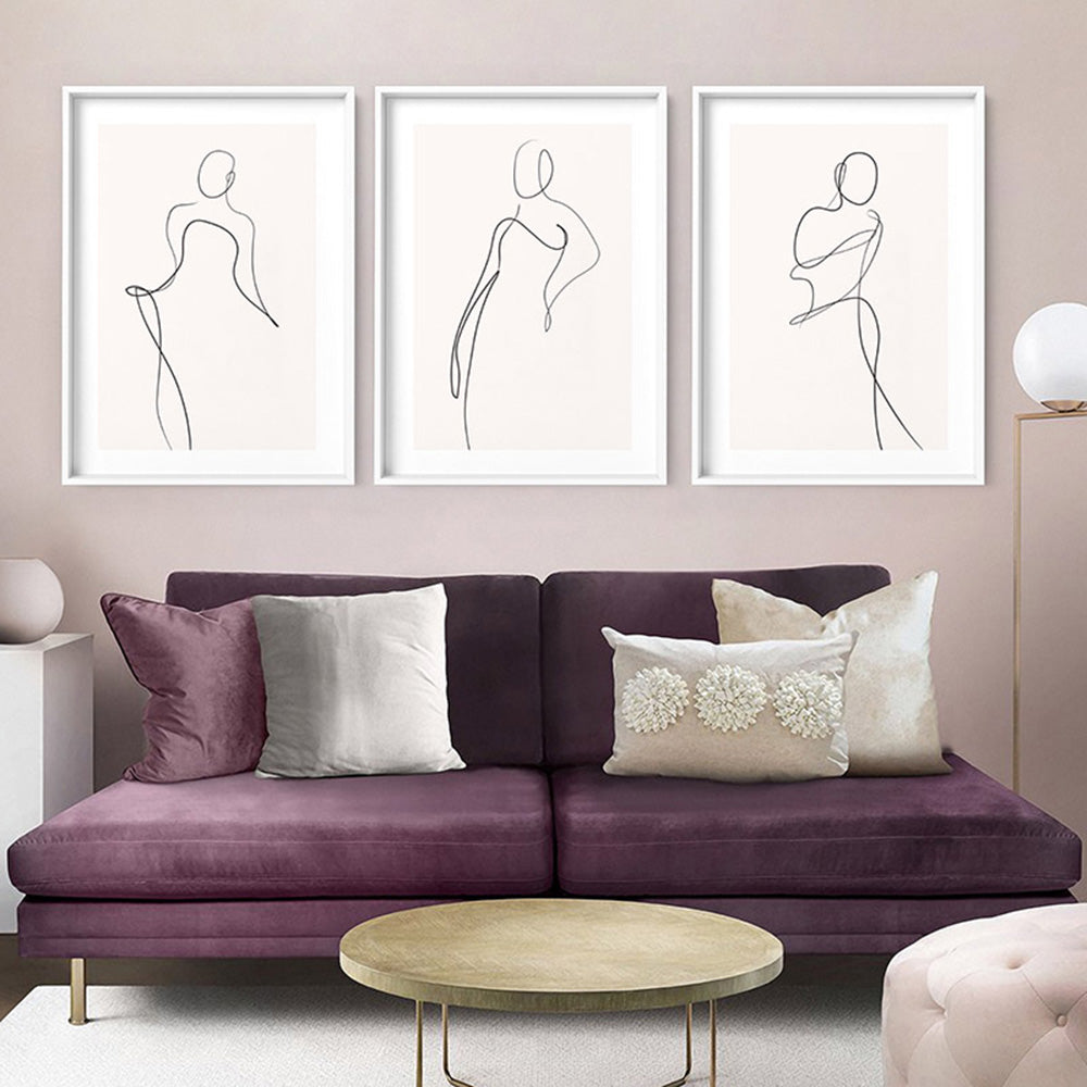 Female Pose Line Art I - Art Print, Poster, Stretched Canvas or Framed Wall Art, shown framed in a home interior space