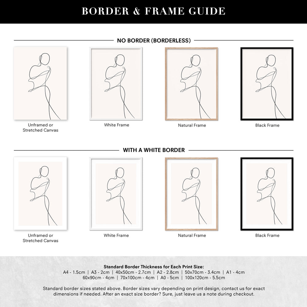 Female Pose Line Art II - Art Print, Poster, Stretched Canvas or Framed Wall Art, Showing White , Black, Natural Frame Colours, No Frame (Unframed) or Stretched Canvas, and With or Without White Borders