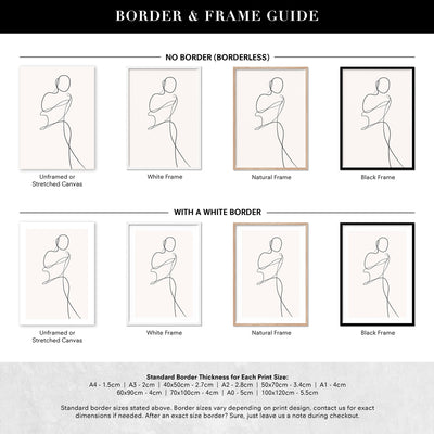 Female Pose Line Art II - Art Print, Poster, Stretched Canvas or Framed Wall Art, Showing White , Black, Natural Frame Colours, No Frame (Unframed) or Stretched Canvas, and With or Without White Borders