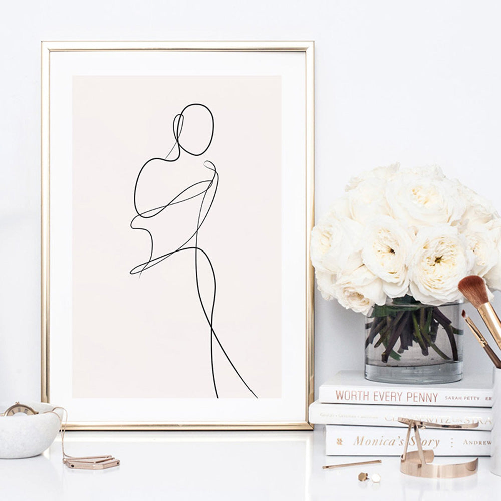 Female Pose Line Art II - Art Print, Poster, Stretched Canvas or Framed Wall Art Prints, shown framed in a room
