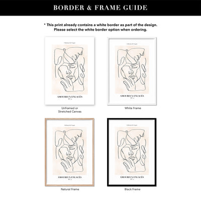 Abstract Line Art Figures II | Lovers Entwine - Art Print, Poster, Stretched Canvas or Framed Wall Art, Showing White , Black, Natural Frame Colours, No Frame (Unframed) or Stretched Canvas, and With or Without White Borders