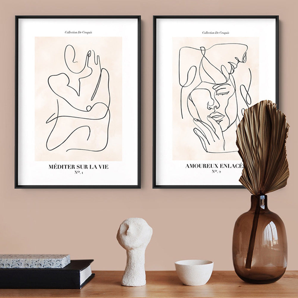 Abstract Line Art Figures II | Lovers Entwine - Art Print, Poster, Stretched Canvas or Framed Wall Art, shown framed in a home interior space