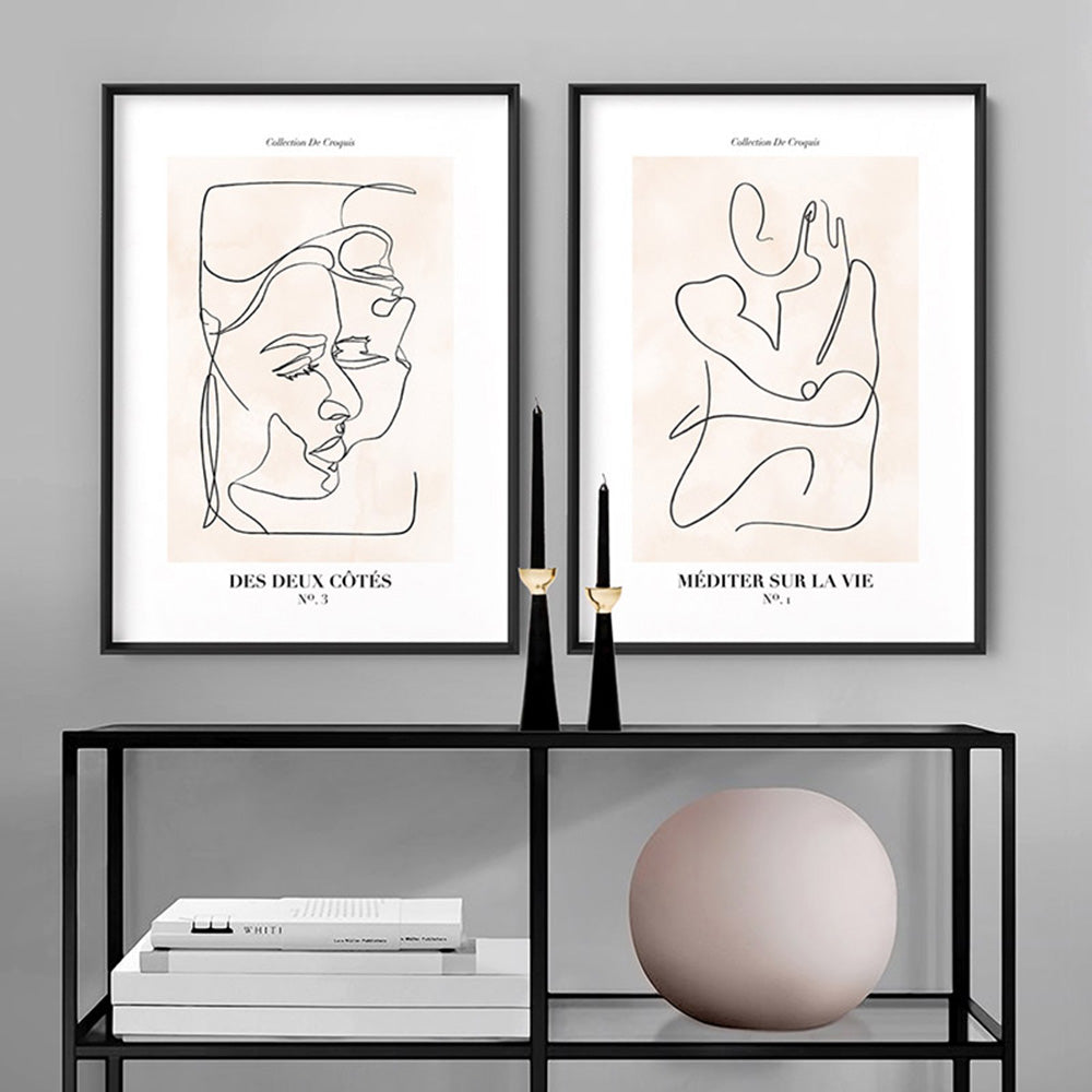 Abstract Line Art Figures I | Meditate on Life - Art Print, Poster, Stretched Canvas or Framed Wall Art, shown framed in a home interior space