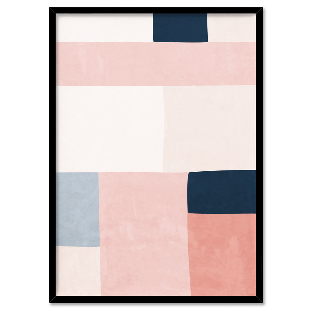 Abstract Blocks | Indigo & Blush I - Art Print, Poster, Stretched Canvas, or Framed Wall Art Print, shown in a black frame