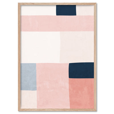 Abstract Blocks | Indigo & Blush I - Art Print, Poster, Stretched Canvas, or Framed Wall Art Print, shown in a natural timber frame