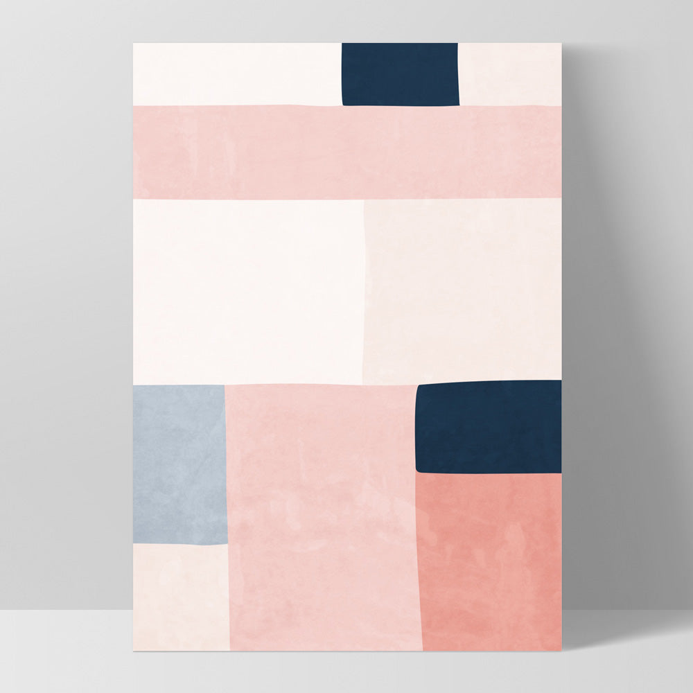 Abstract Blocks | Indigo & Blush I - Art Print, Poster, Stretched Canvas, or Framed Wall Art Print, shown as a stretched canvas or poster without a frame