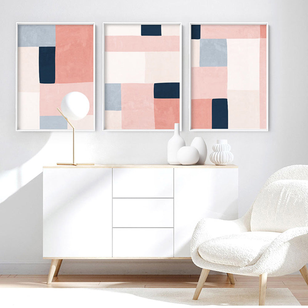 Abstract Blocks | Indigo & Blush I - Art Print, Poster, Stretched Canvas or Framed Wall Art, shown framed in a home interior space