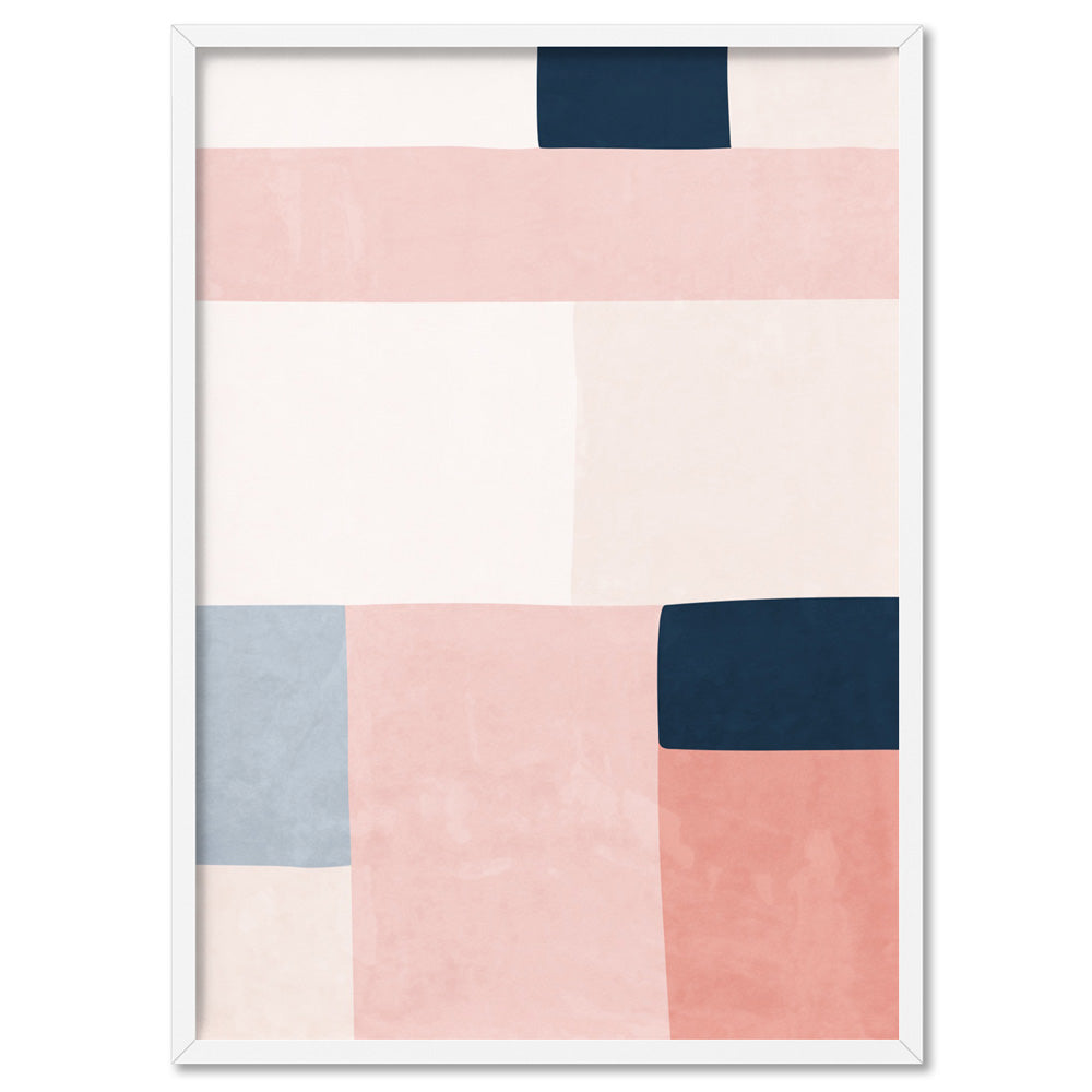 Abstract Blocks | Indigo & Blush I - Art Print, Poster, Stretched Canvas, or Framed Wall Art Print, shown in a white frame