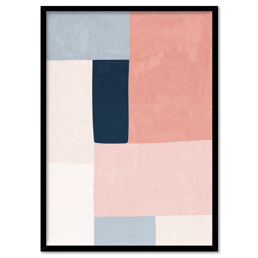 Abstract Blocks | Indigo & Blush II - Art Print, Poster, Stretched Canvas, or Framed Wall Art Print, shown in a black frame