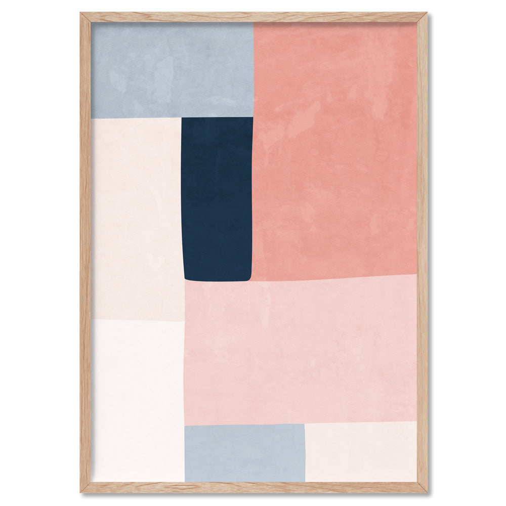 Abstract Blocks | Indigo & Blush II - Art Print, Poster, Stretched Canvas, or Framed Wall Art Print, shown in a natural timber frame