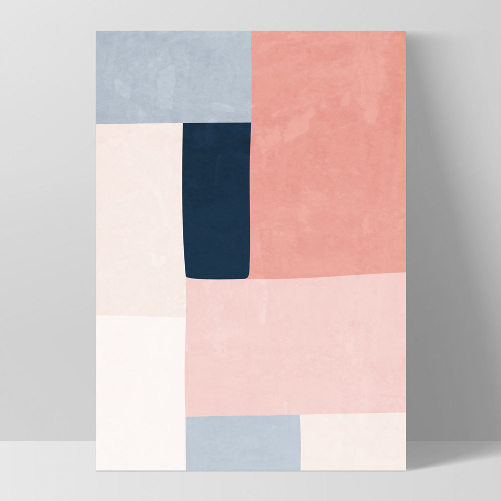 Abstract Blocks | Indigo & Blush II - Art Print, Poster, Stretched Canvas, or Framed Wall Art Print, shown as a stretched canvas or poster without a frame