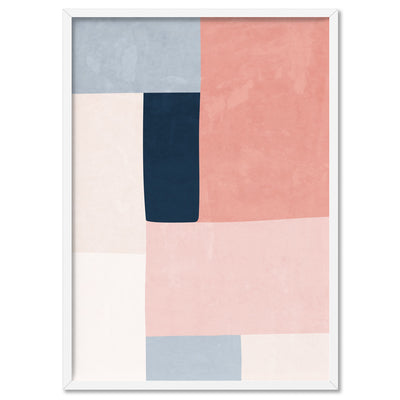 Abstract Blocks | Indigo & Blush II - Art Print, Poster, Stretched Canvas, or Framed Wall Art Print, shown in a white frame