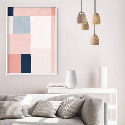 Abstract Blocks | Indigo & Blush III - Art Print, Poster, Stretched Canvas or Framed Wall Art Prints, shown framed in a room