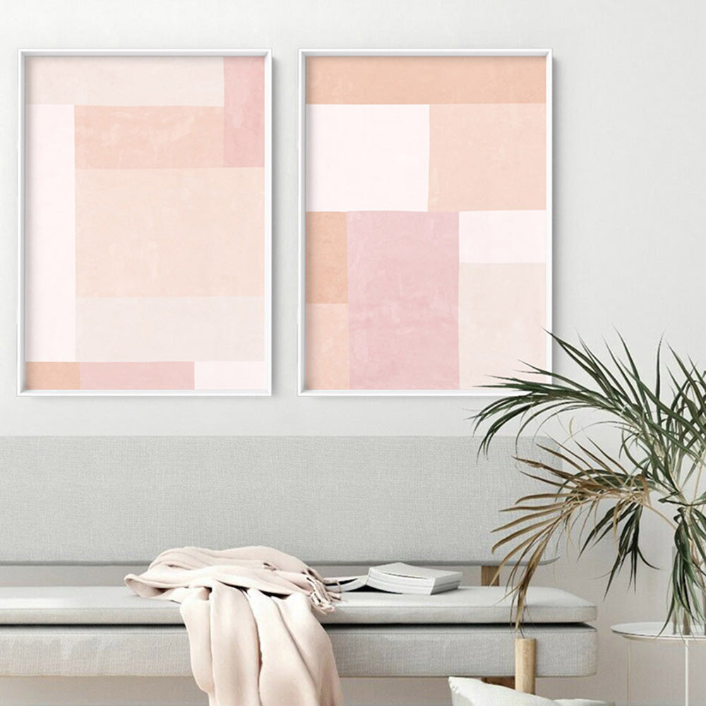 Abstract Blocks | Boho Blush I - Art Print, Poster, Stretched Canvas or Framed Wall Art, shown framed in a home interior space