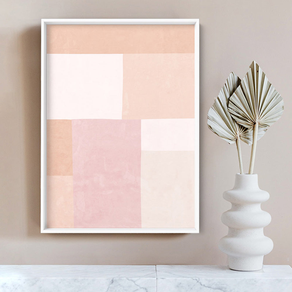 Abstract Blocks | Boho Blush II - Art Print, Poster, Stretched Canvas or Framed Wall Art Prints, shown framed in a room