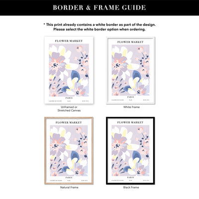 Flower Market | Paris - Art Print, Poster, Stretched Canvas or Framed Wall Art, Showing White , Black, Natural Frame Colours, No Frame (Unframed) or Stretched Canvas, and With or Without White Borders