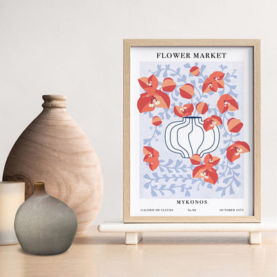 Flower Market | Mykonos - Art Print, Poster, Stretched Canvas or Framed Wall Art Prints, shown framed in a room