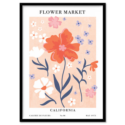 Flower Market | California - Art Print, Poster, Stretched Canvas, or Framed Wall Art Print, shown in a black frame