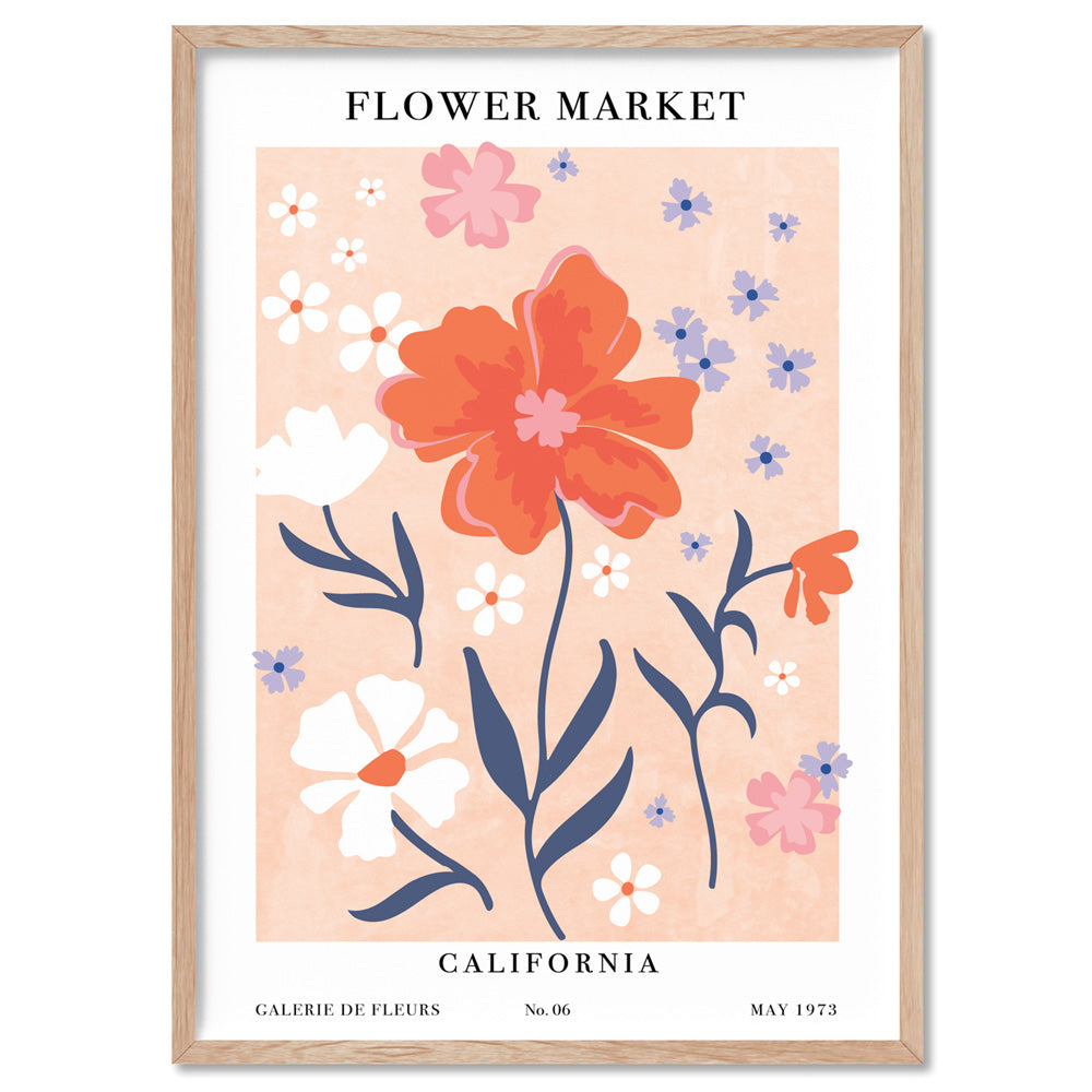 Flower Market | California - Art Print, Poster, Stretched Canvas, or Framed Wall Art Print, shown in a natural timber frame