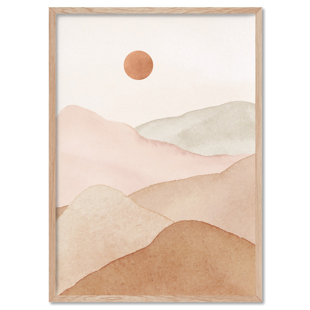 Boho Landscape in Watercolour I - Art Print, Poster, Stretched Canvas, or Framed Wall Art Print, shown in a natural timber frame
