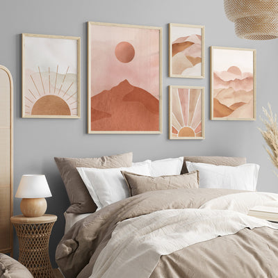 Boho Sunrise in Watercolour I - Art Print, Poster, Stretched Canvas or Framed Wall Art, shown framed in a home interior space
