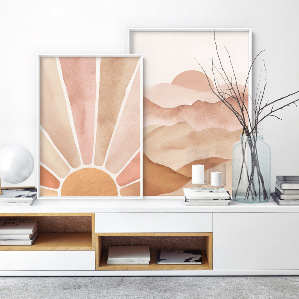Boho Sunrise in Watercolour II - Art Print, Poster, Stretched Canvas or Framed Wall Art, shown framed in a home interior space