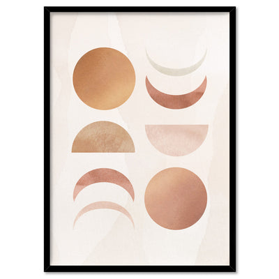 Boho Sun Moon Phases in Watercolour I - Art Print, Poster, Stretched Canvas, or Framed Wall Art Print, shown in a black frame